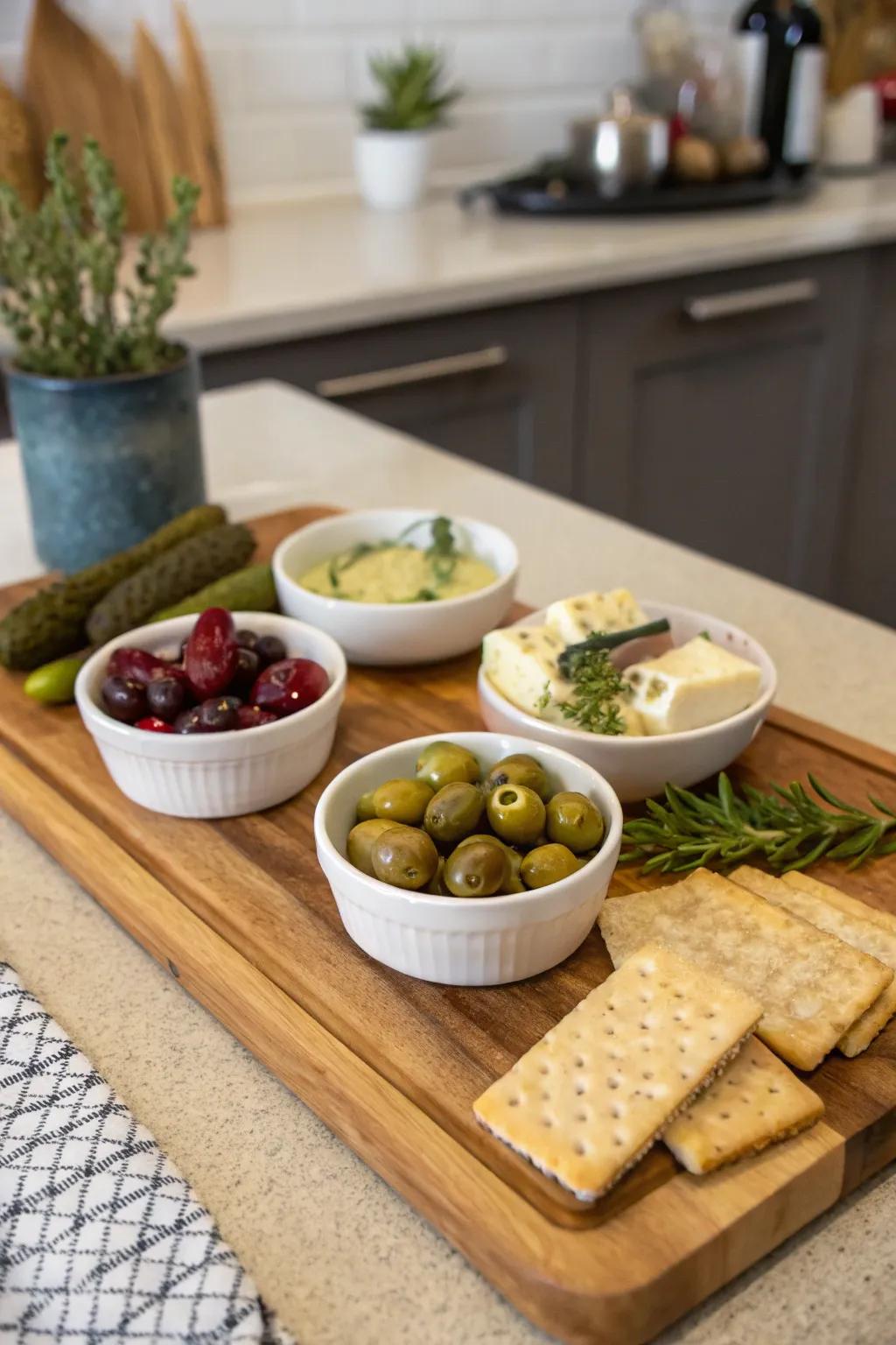 A tidy cheese board with small bowls for extra components.
