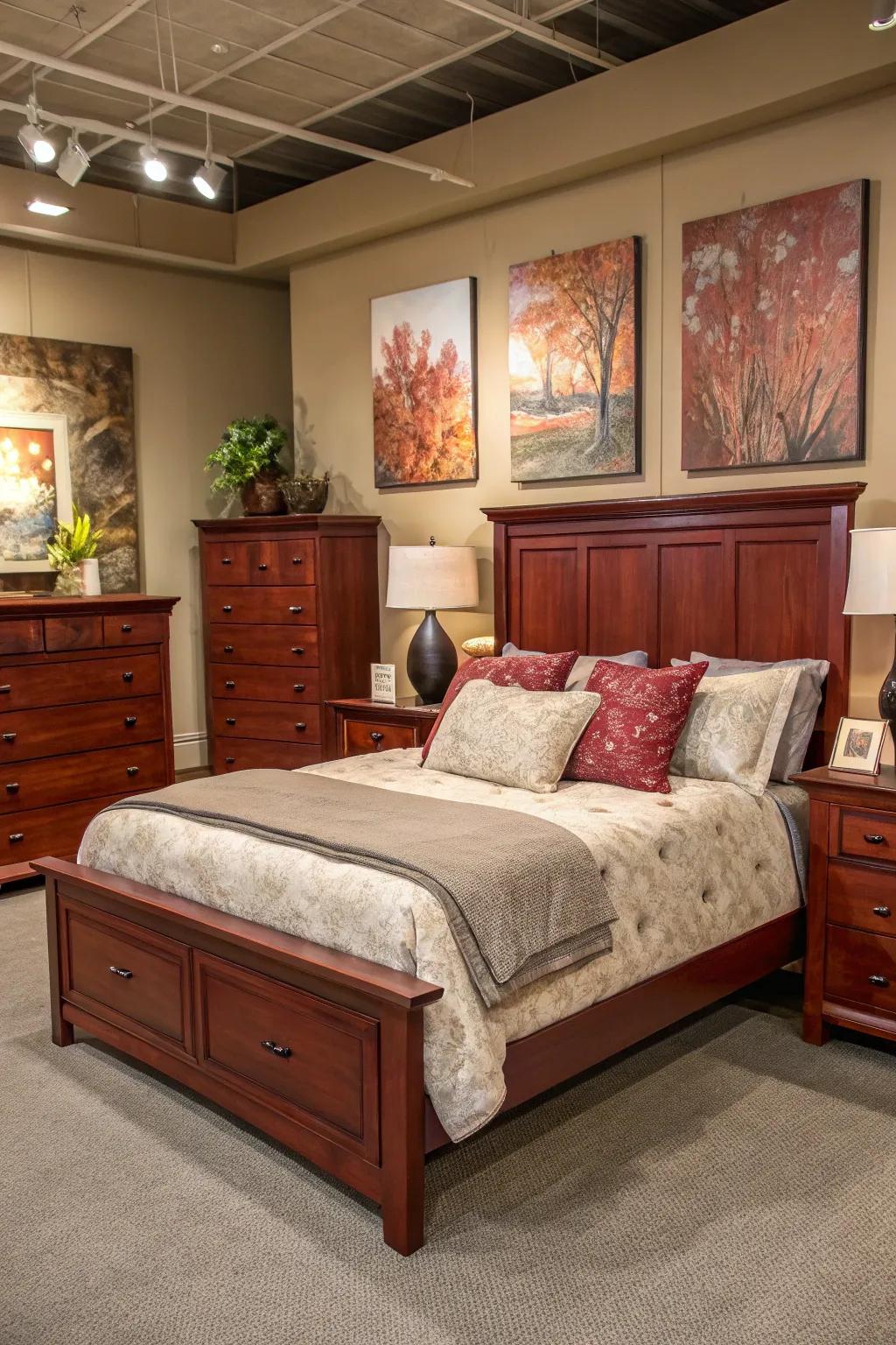 Art pieces adding personality to a cherry wood bedroom.