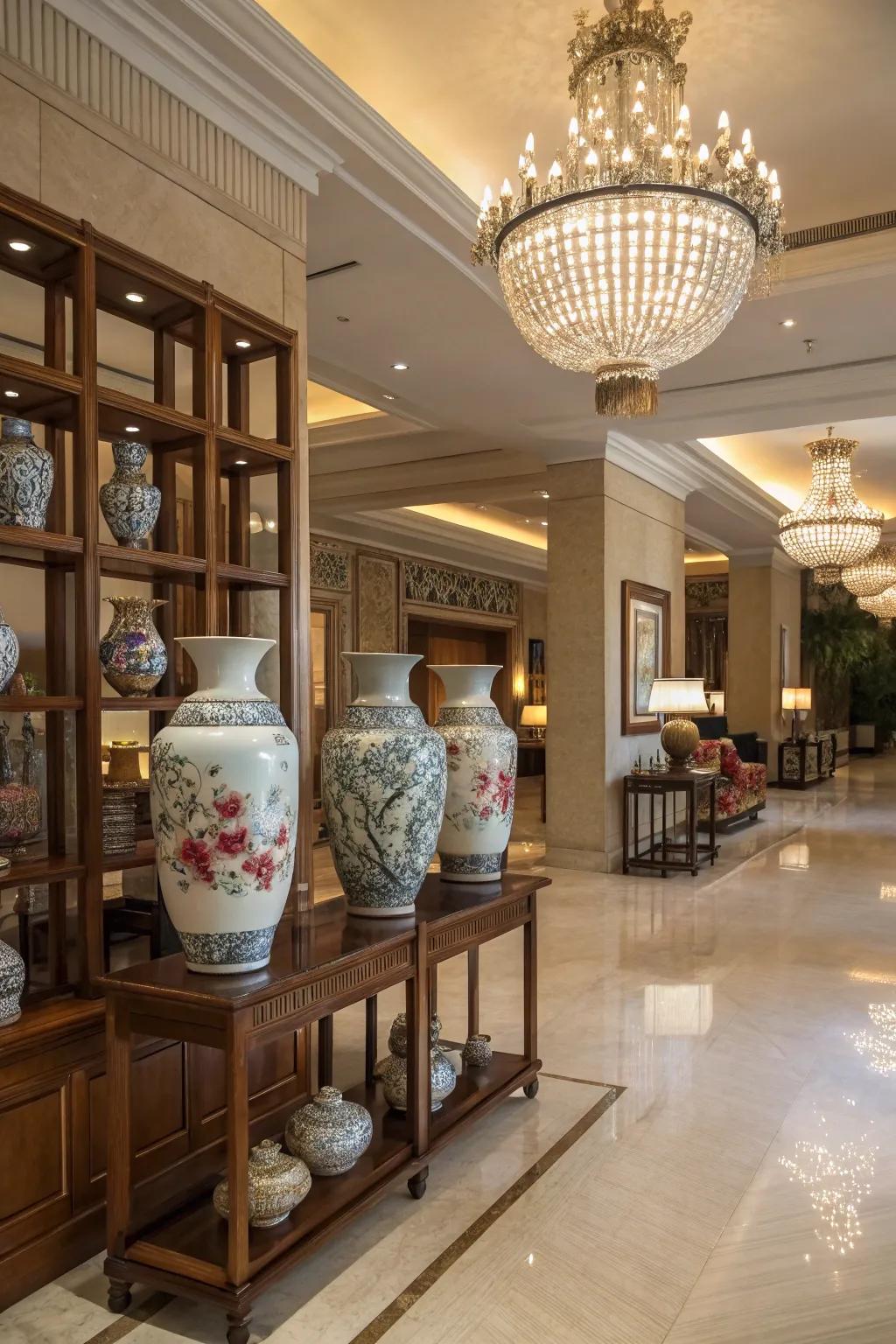 Cultural touches through vases and pottery enhancing the lobby's decor.