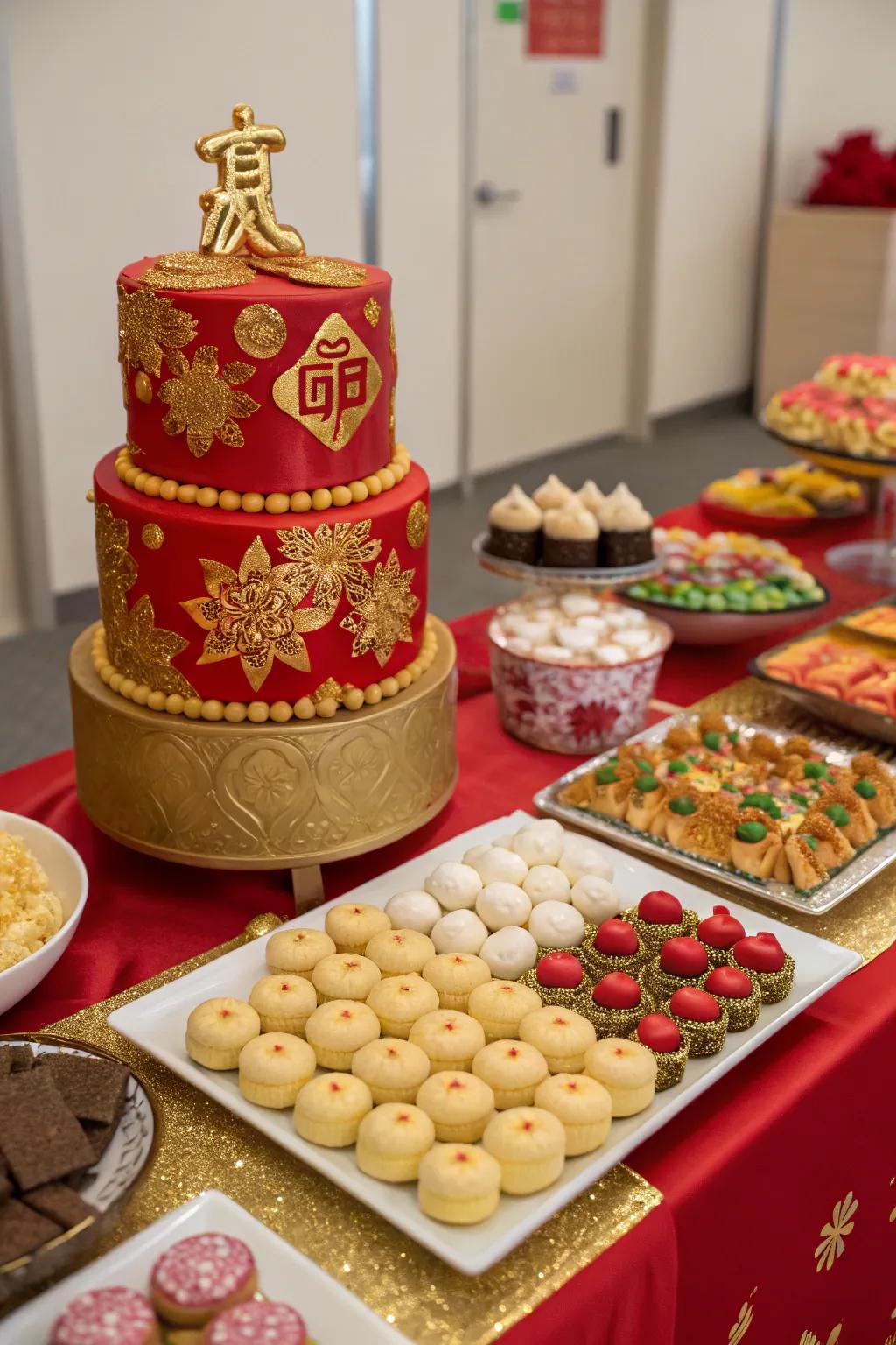 A delicious sweet treat display with a Chinese cultural touch.