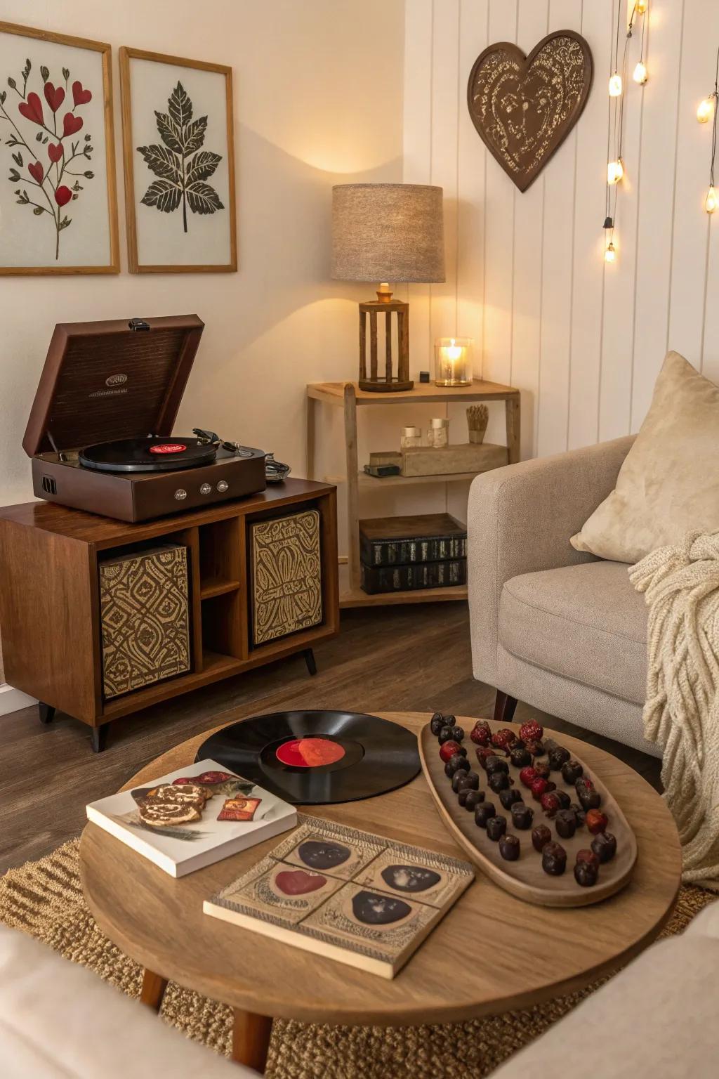 A cozy ambiance enhanced by a chocolate-related musical playlist.