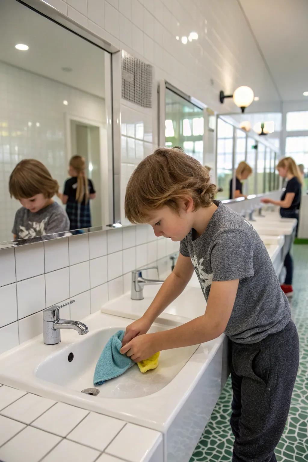 A child helps keep the bathroom tidy.