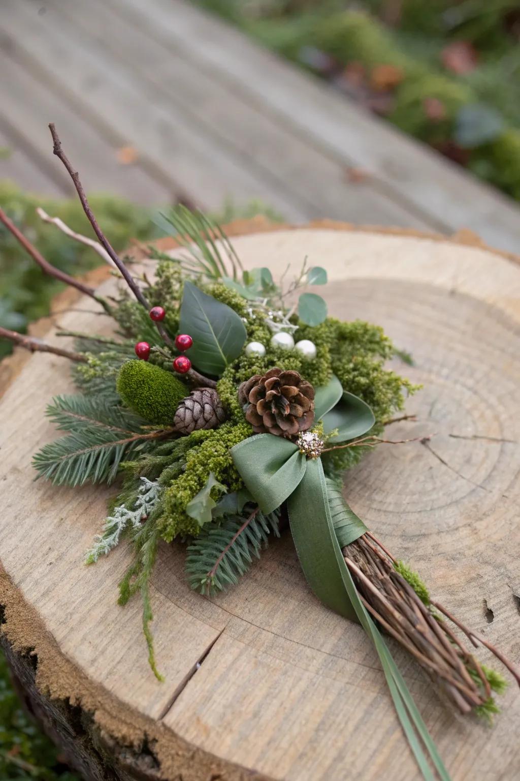 A woodland-inspired Christmas corsage featuring lichen and branches.