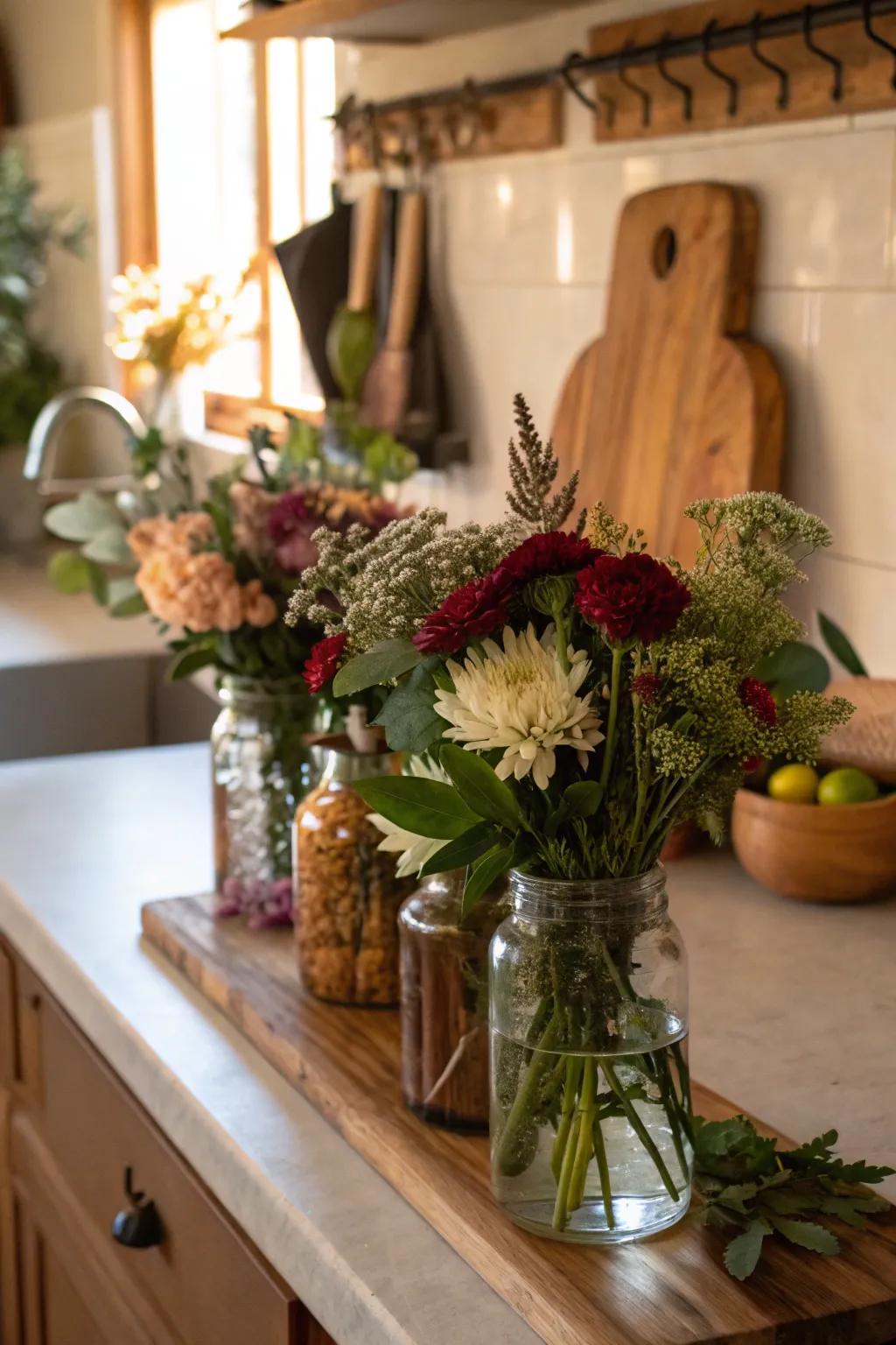 'Glass vessels' filled with blooms add rustic charm to any space.