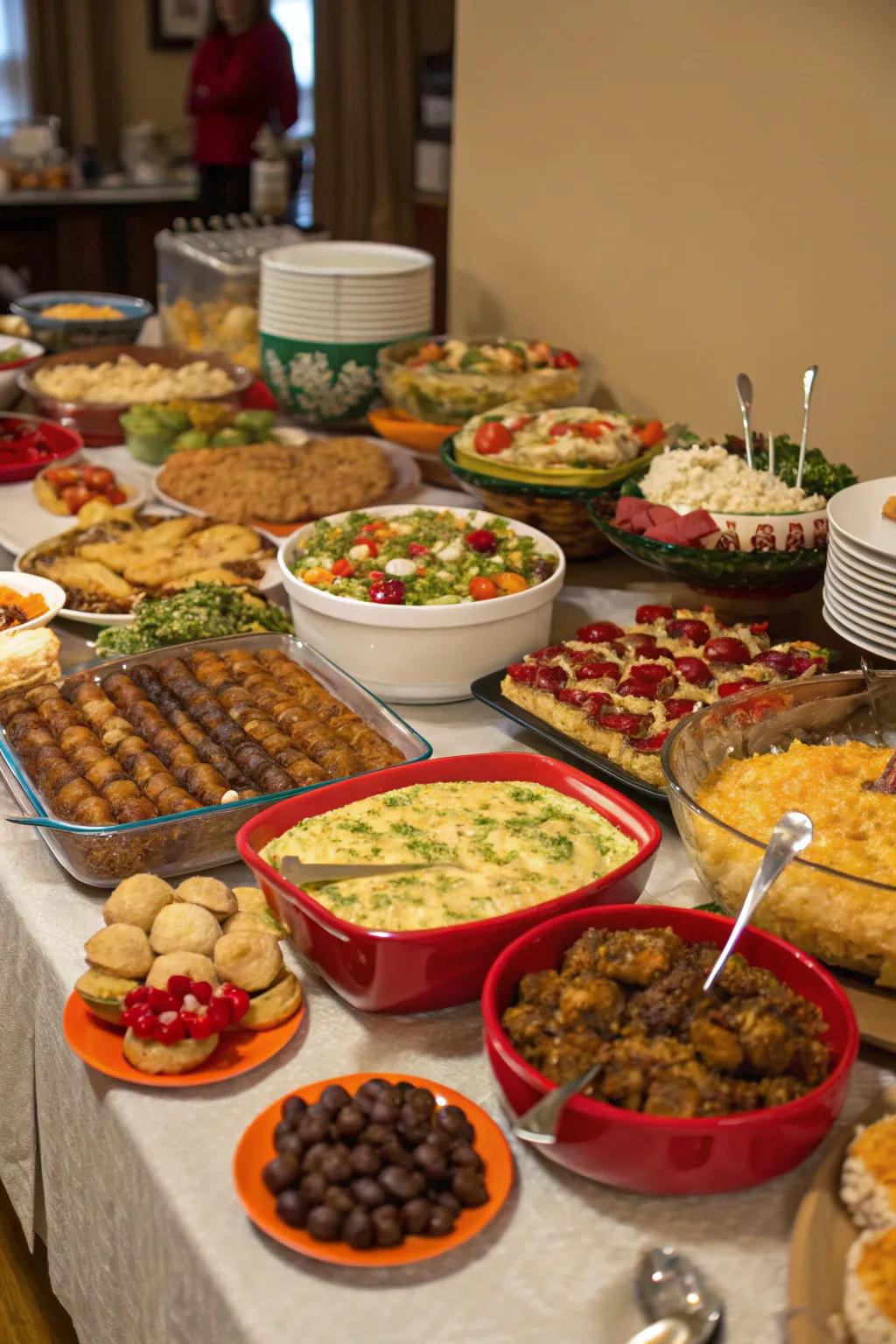 A delightful potluck meal presenting a wide selection of holiday offerings.