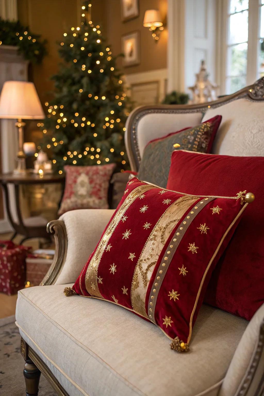 Velvet pillows add a luxurious accent to holiday decorations.