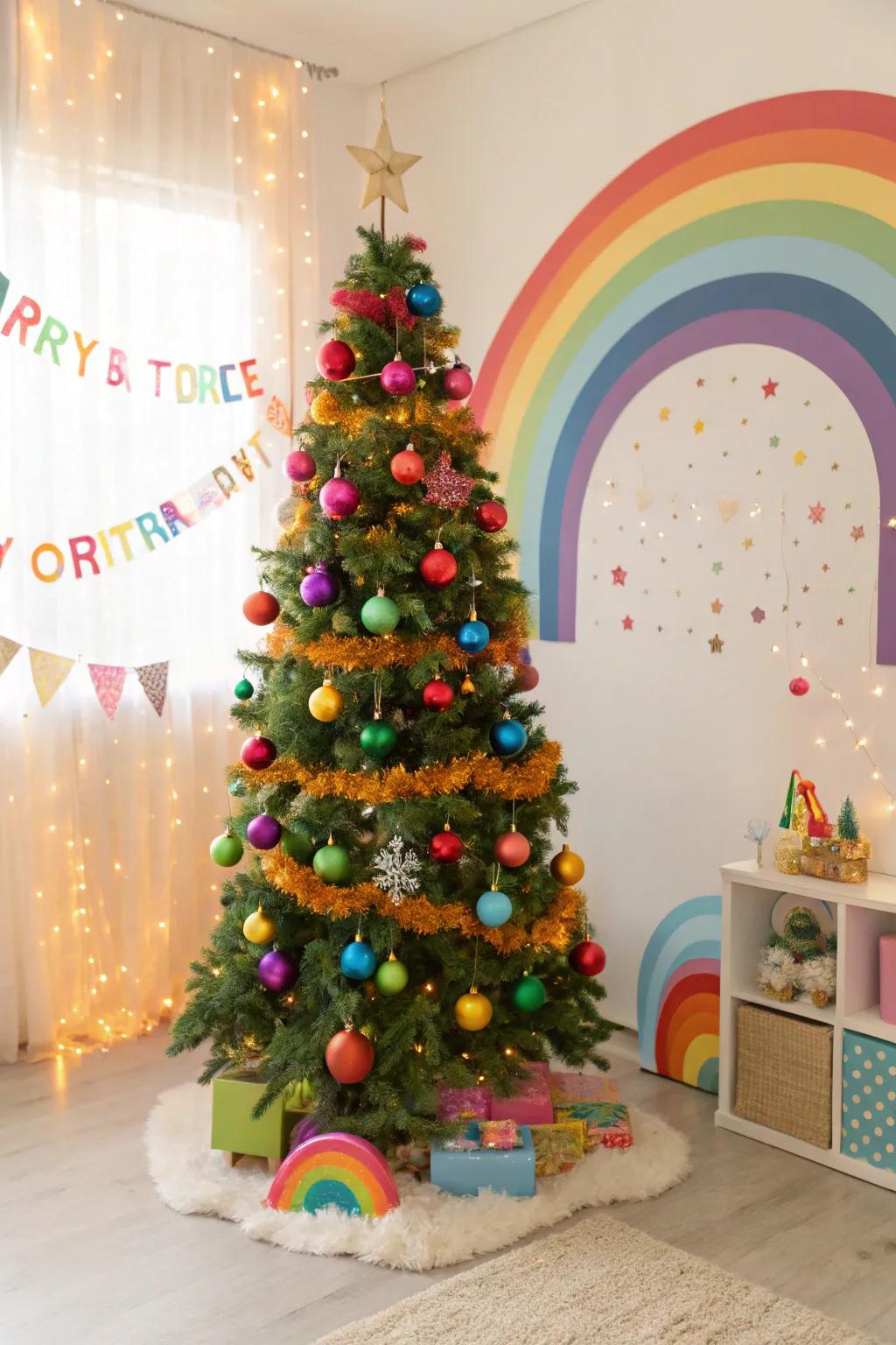 A rainbow celebration theme injects vibrant joy into your festive décor.