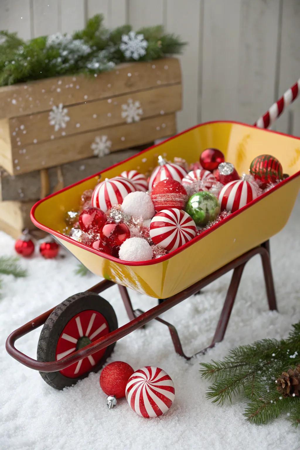A candy cane wheelbarrow adding a sweet touch to the holidays.