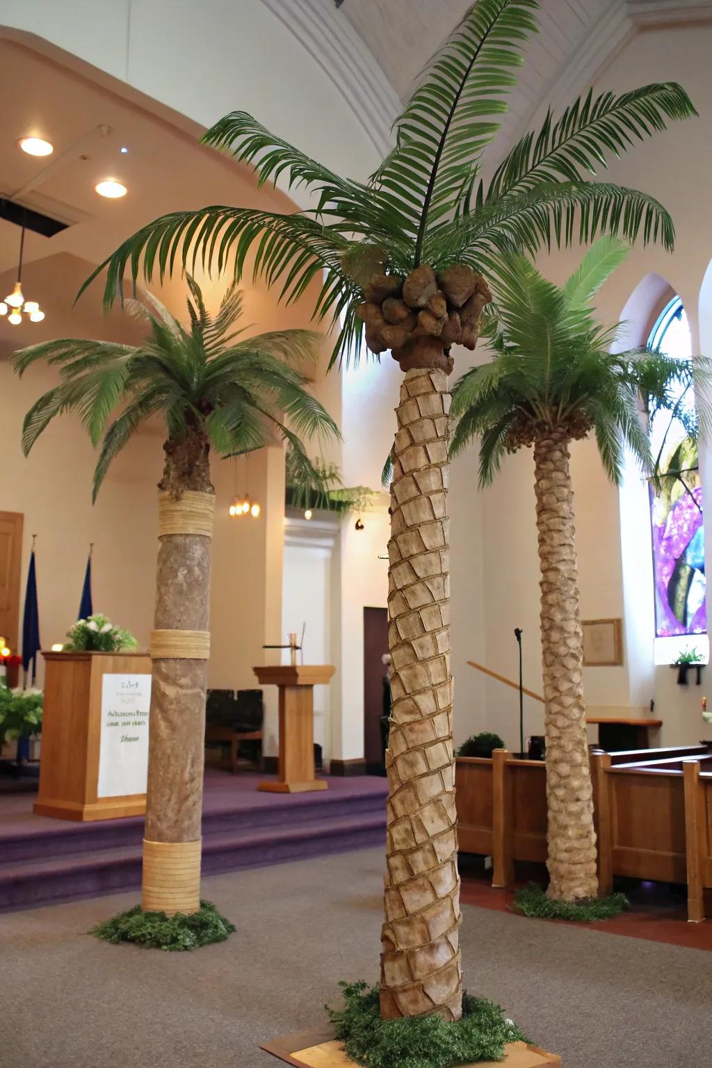 Load-bearing columns creatively transformed into faux palm trees.