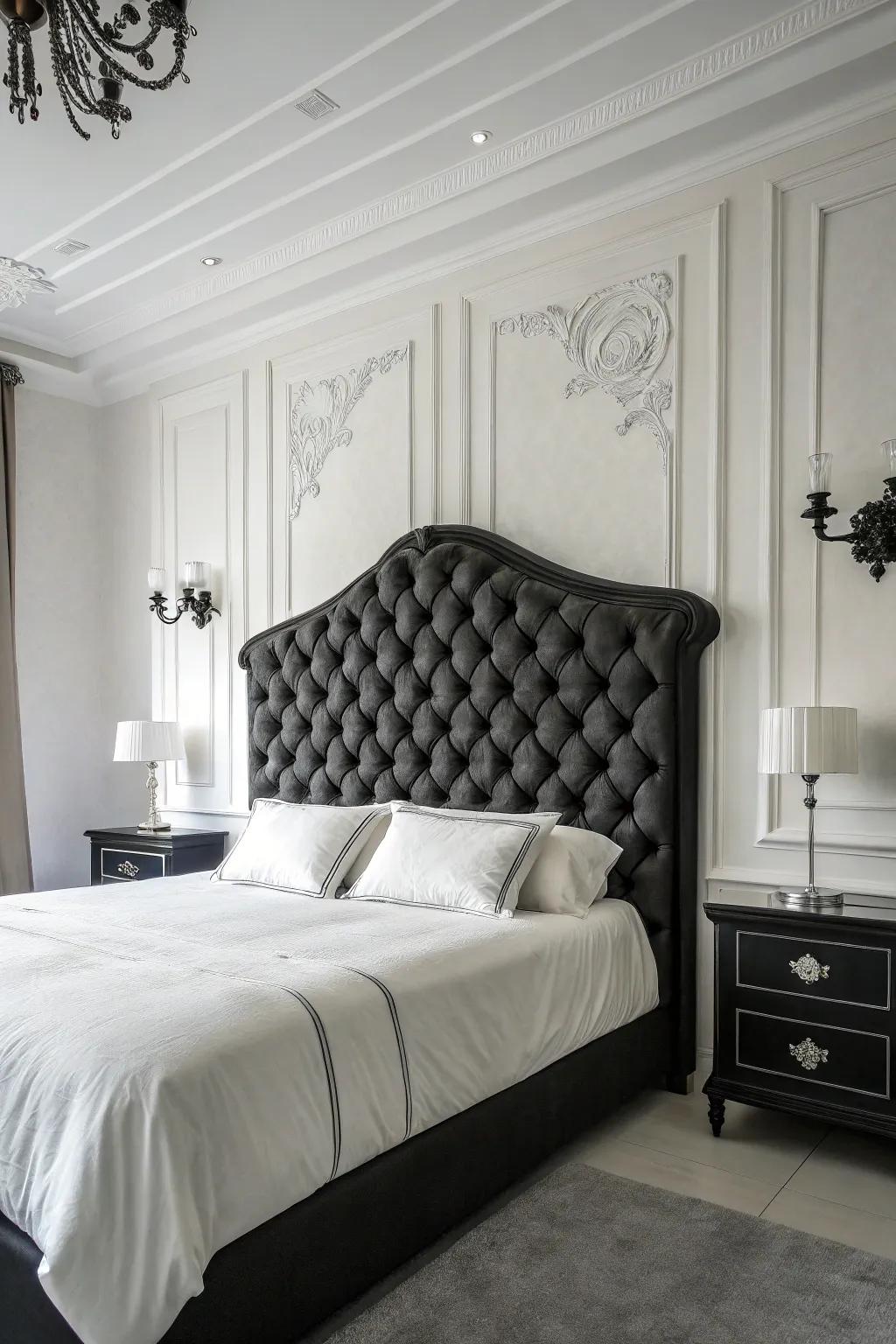 A distinctive headboard contributes a luxurious touch to this fashionable space.