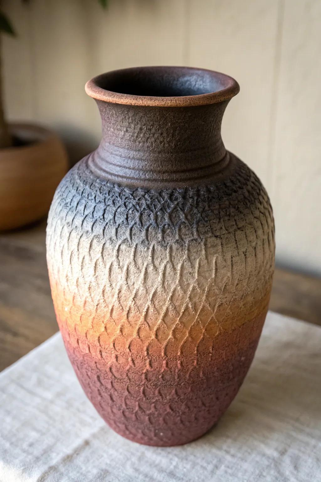 A textured gradient earthenware container adding dimension and artistry.