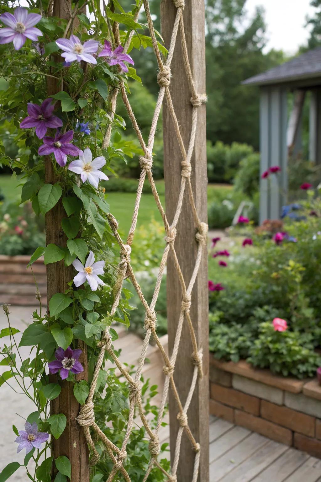 Creative clematis growth designs are possible with a DIY string trellis.