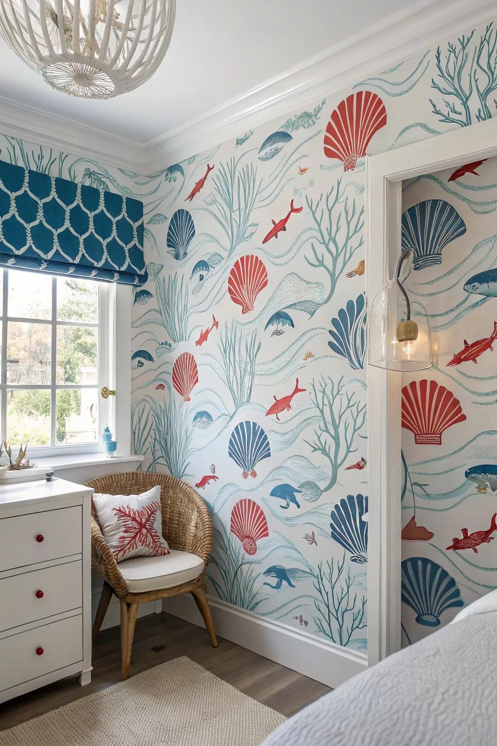 Modern coastal wallpaper makes a bold decorative statement.