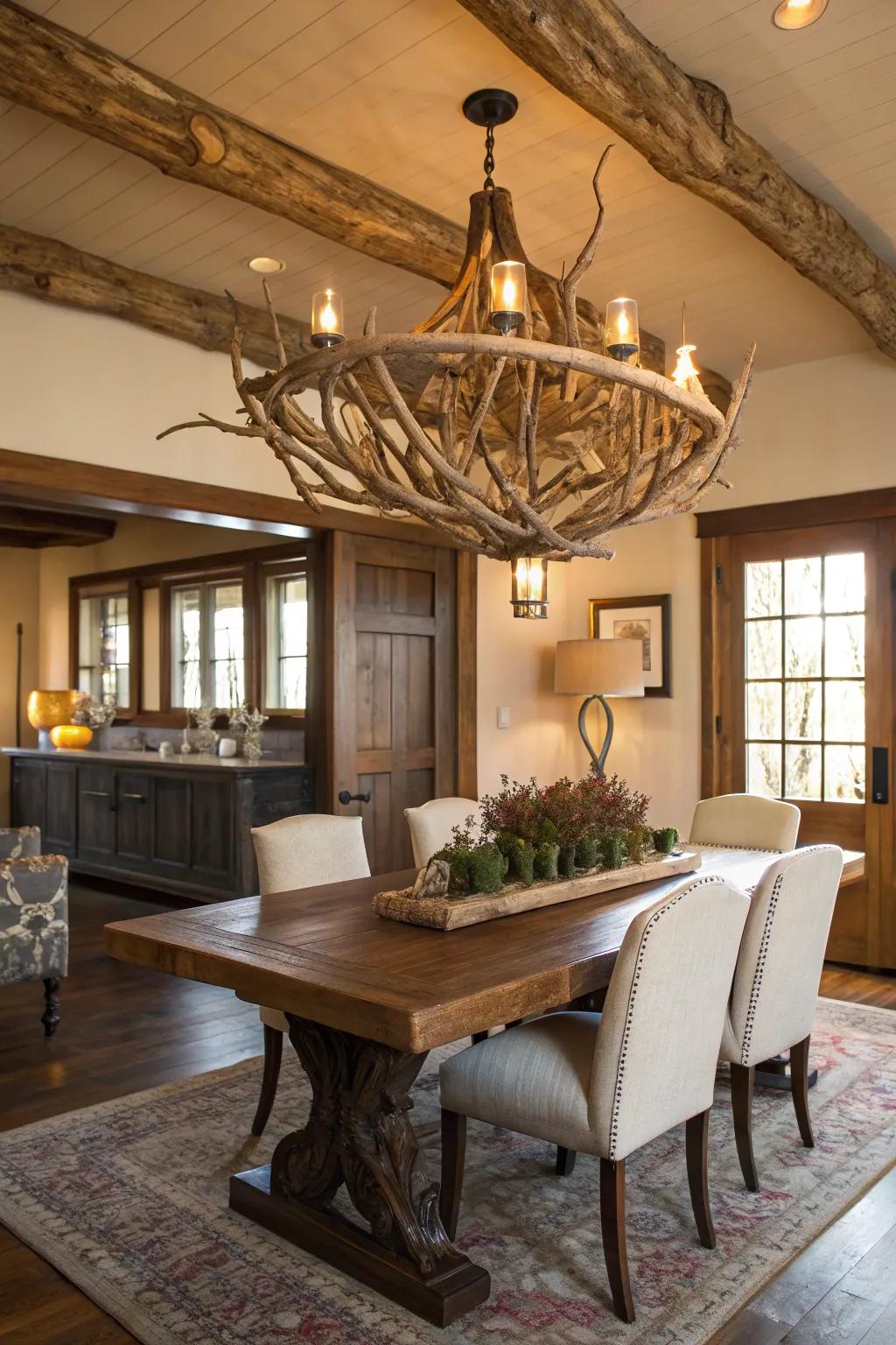 A flotsam chandelier provides a dramatic coastal centerpiece.
