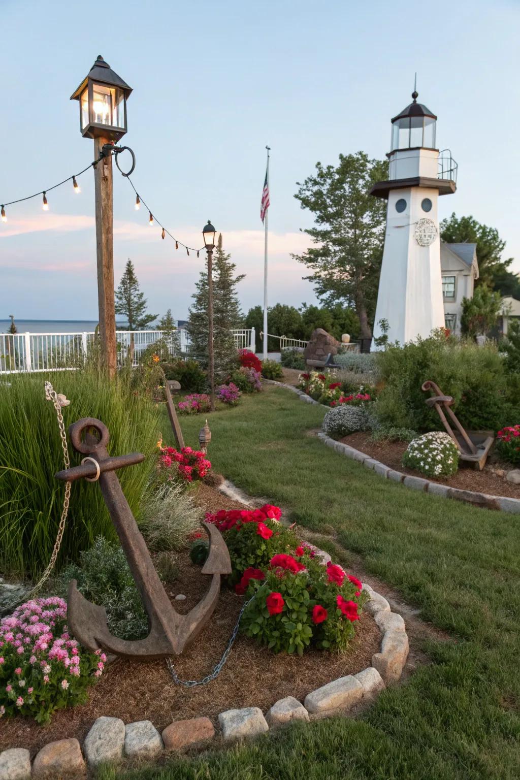 Nautical-inspired details add charm to a coastal garden.