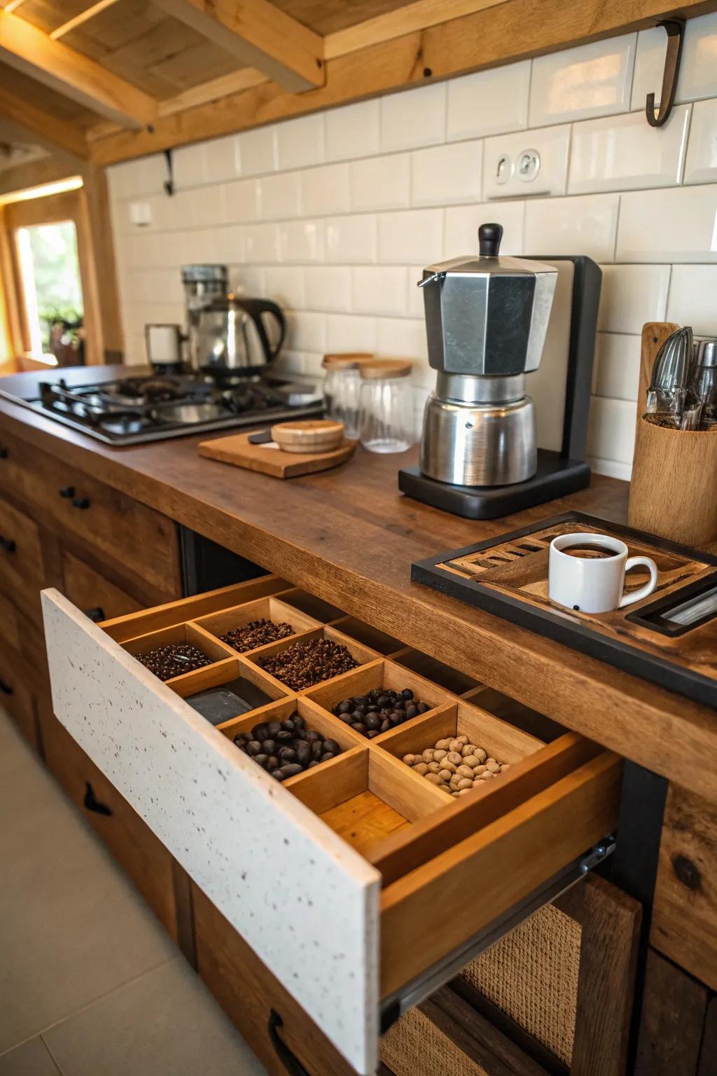 Wood accents add a touch of elegance to your coffee drawer.