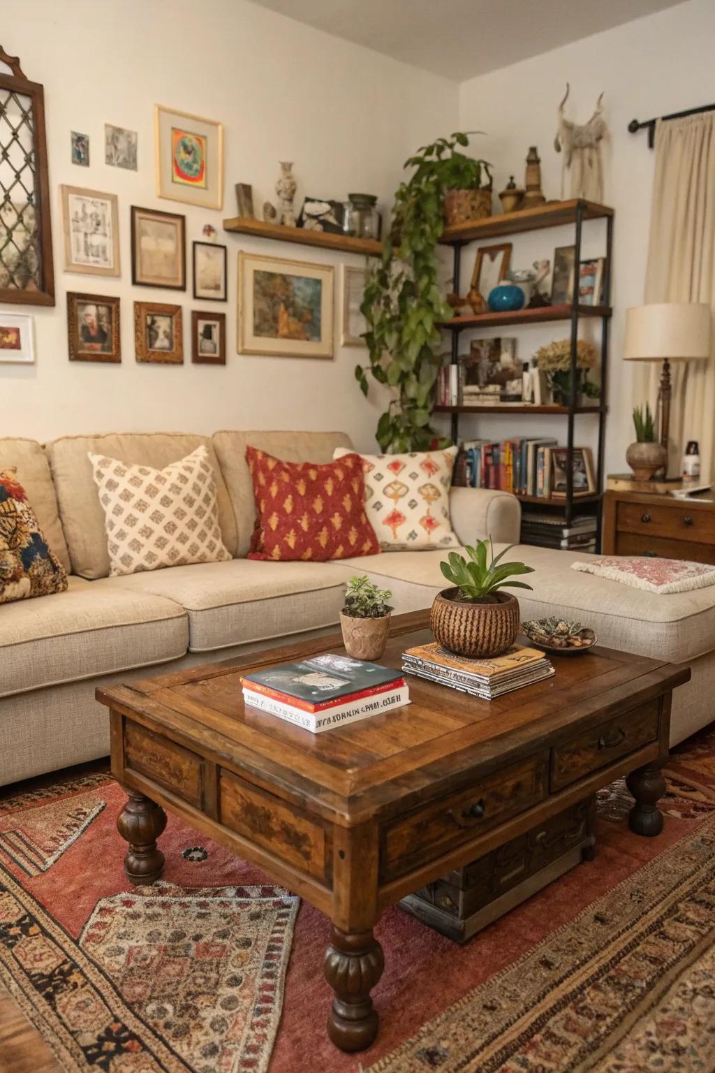A vintage coffee table infuses the room with personality and charm.