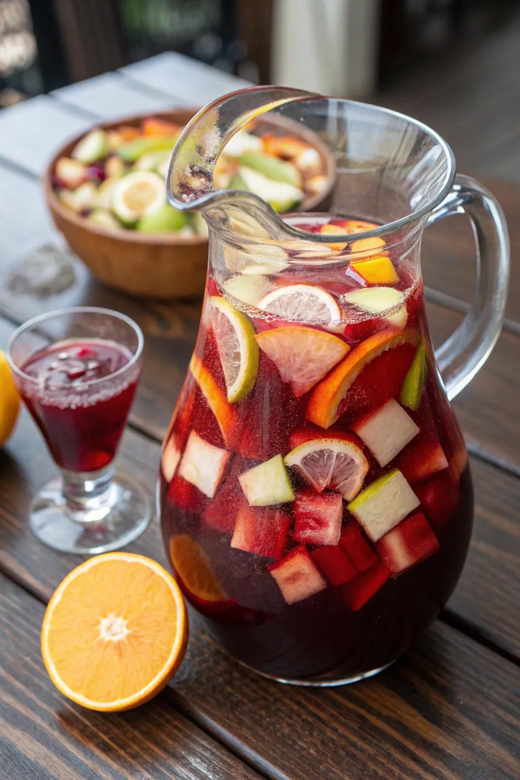 A vibrant pourer of scarlet grape sangria ready to be enjoyed.