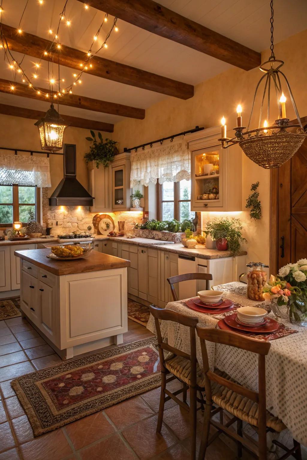 Layered illumination enhances the coziness and profundity of the cooking area.
