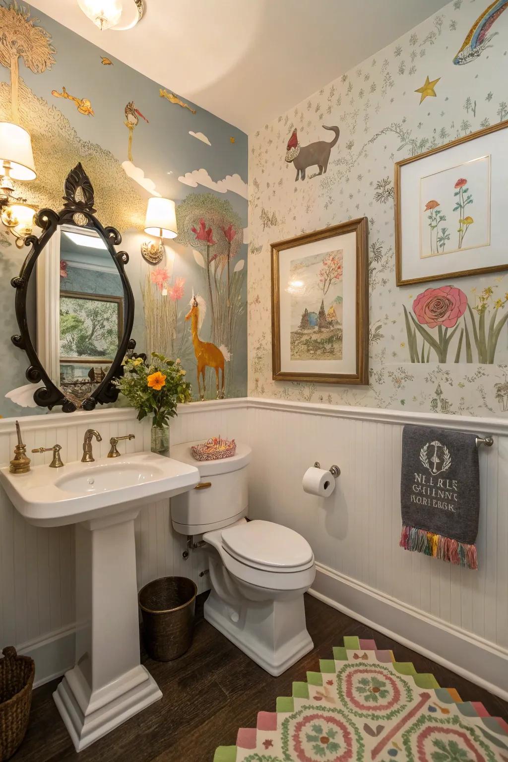 Unexpected art pieces bring whimsy to this colorful guest bathroom.