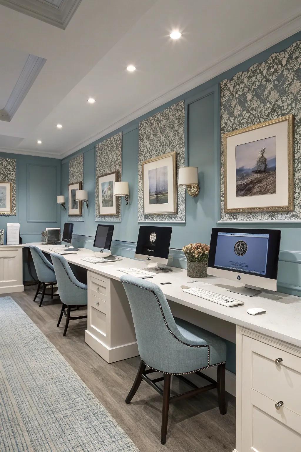 A stylish computer room harmonized by a thoughtful color theme.
