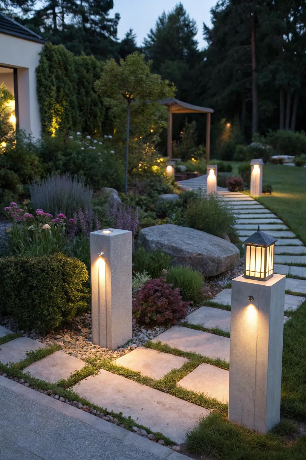 Concrete lighting fixtures enhance nighttime atmosphere.