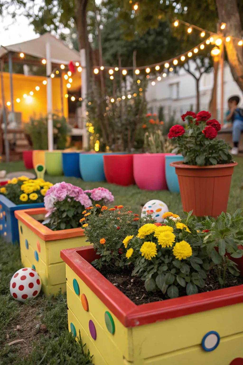 A playful children's garden featuring containers.