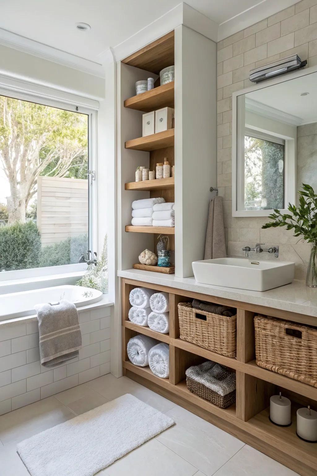 Bathroom featuring smart storage solutions.