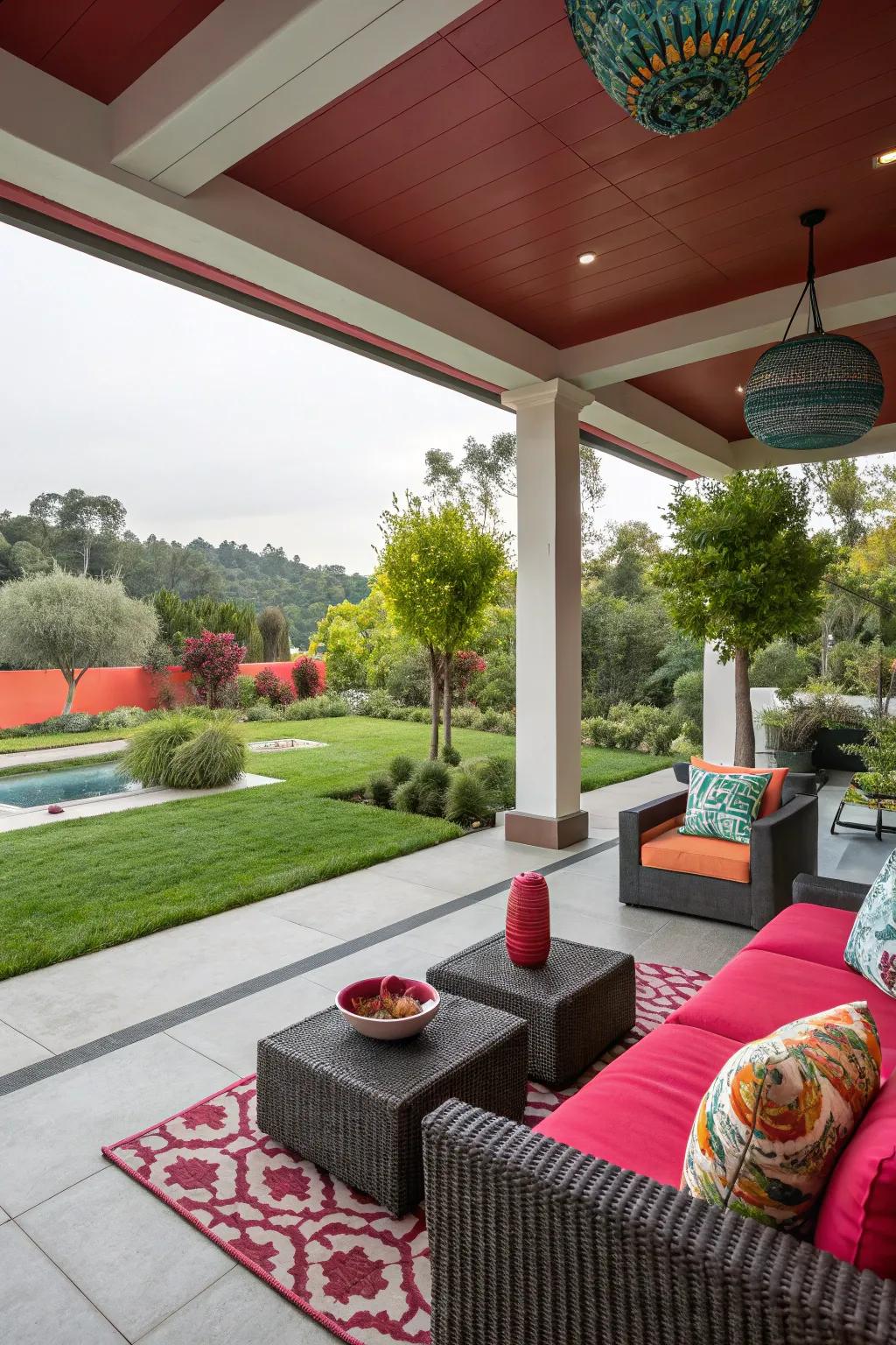 Strong color accents bring energy to a modern patio.