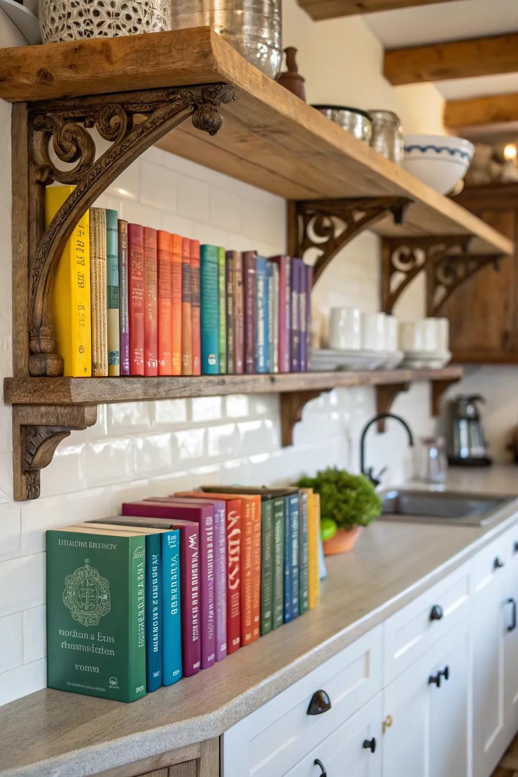 Open shelves with character make a stylish cookbook display.