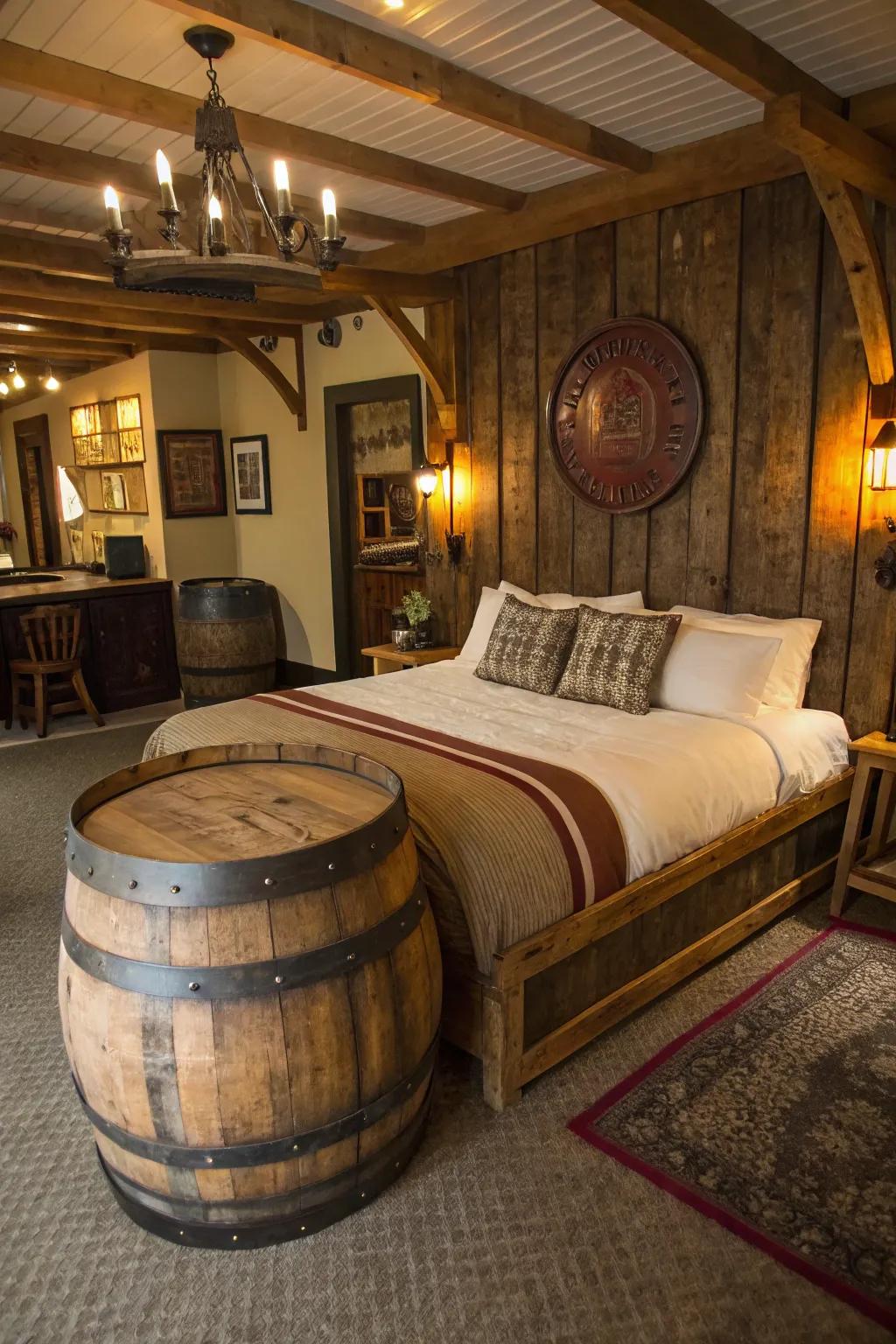 A beer barrel bed introduces rustic charm and a hint of whimsy to your bedroom.