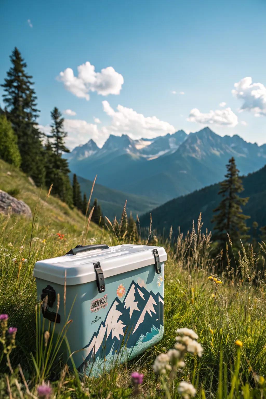 An adventure-themed cooler featuring mountain decals.