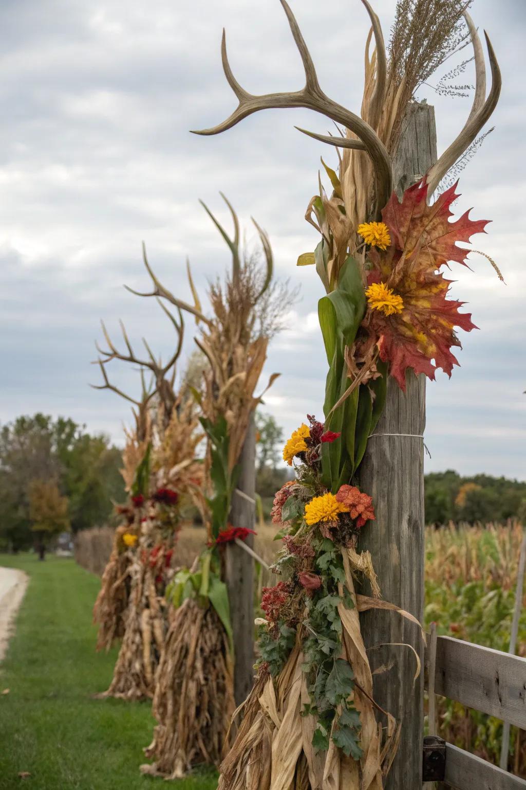 Add a country, wild touch using dried corn stalks with antlers.