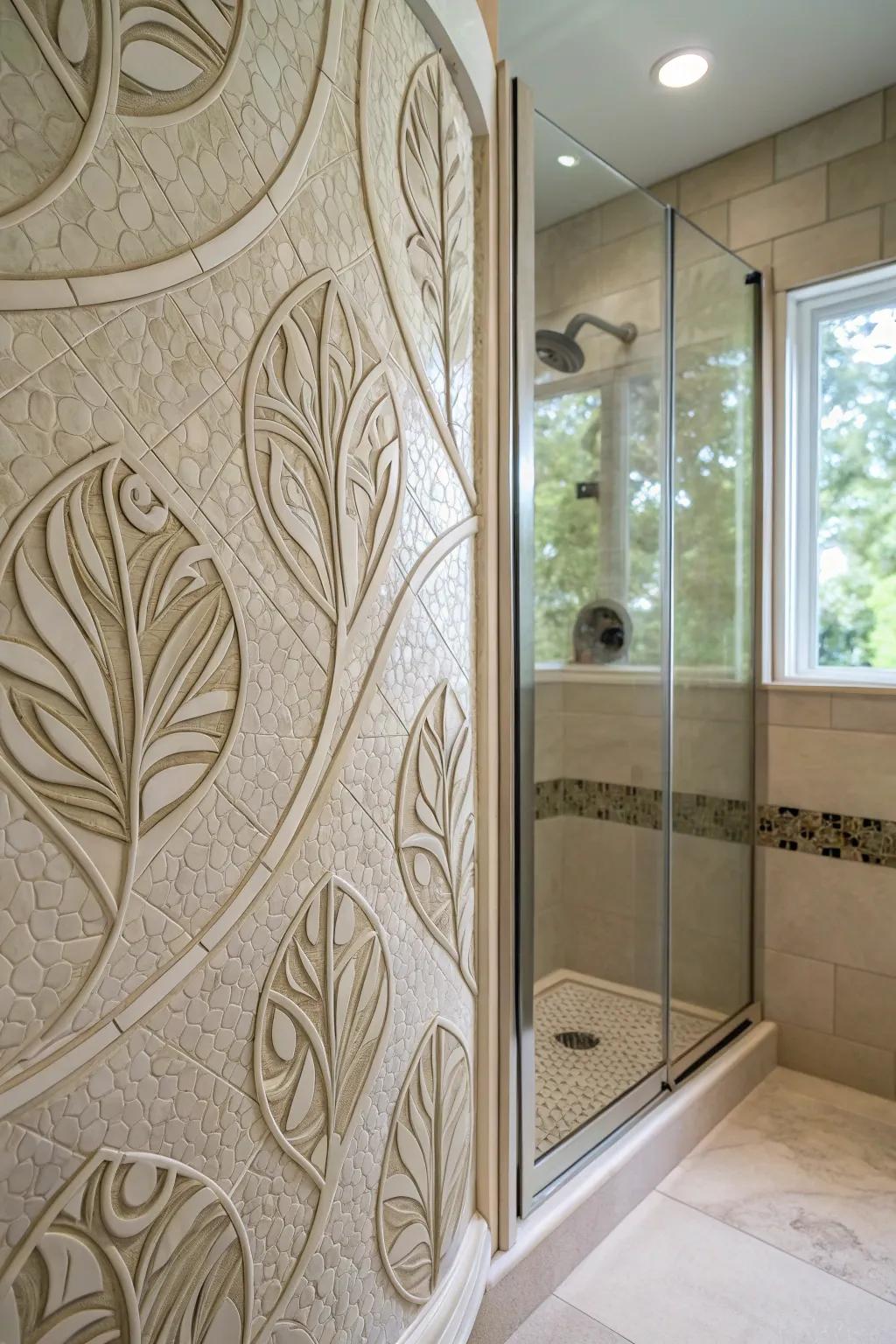 Curvilinear tiles engender an organic and singular shower architectural plan.
