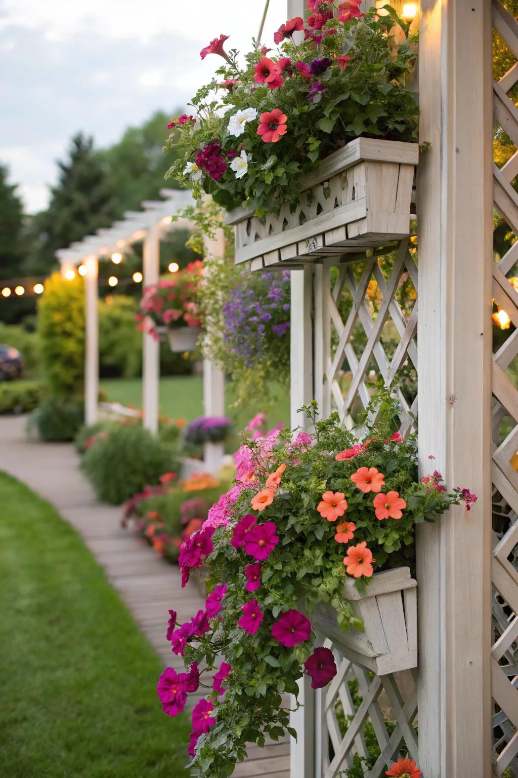 A trellis with planters enhancing vertical greenery.