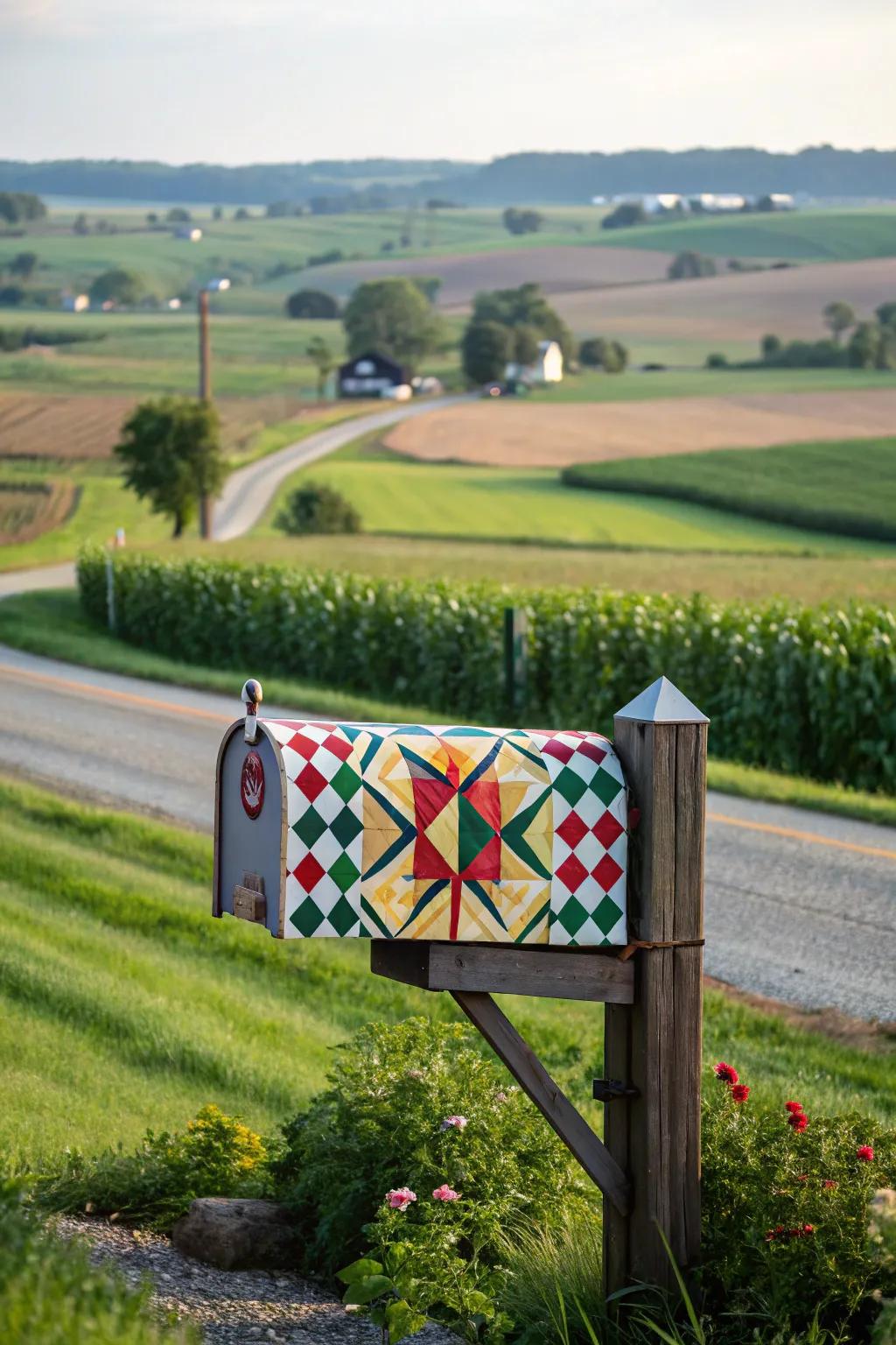 A barn patchwork mailbox adds a splash of folk art to the landscape.
