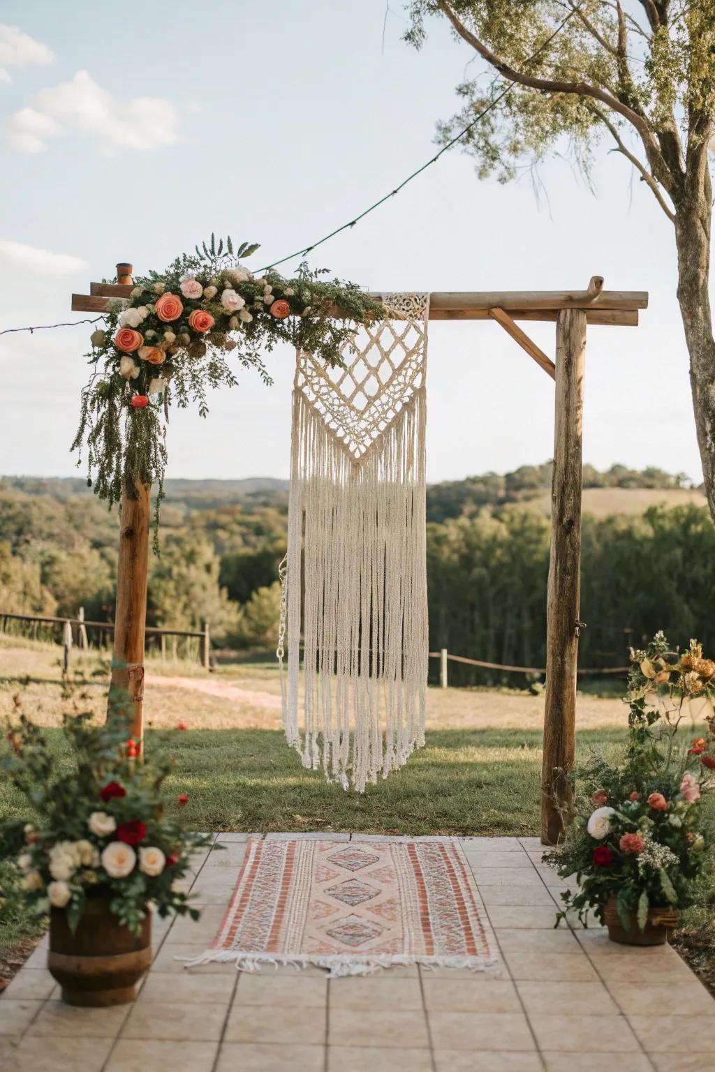 A macramé backing contributes texture and a boho ambiance.