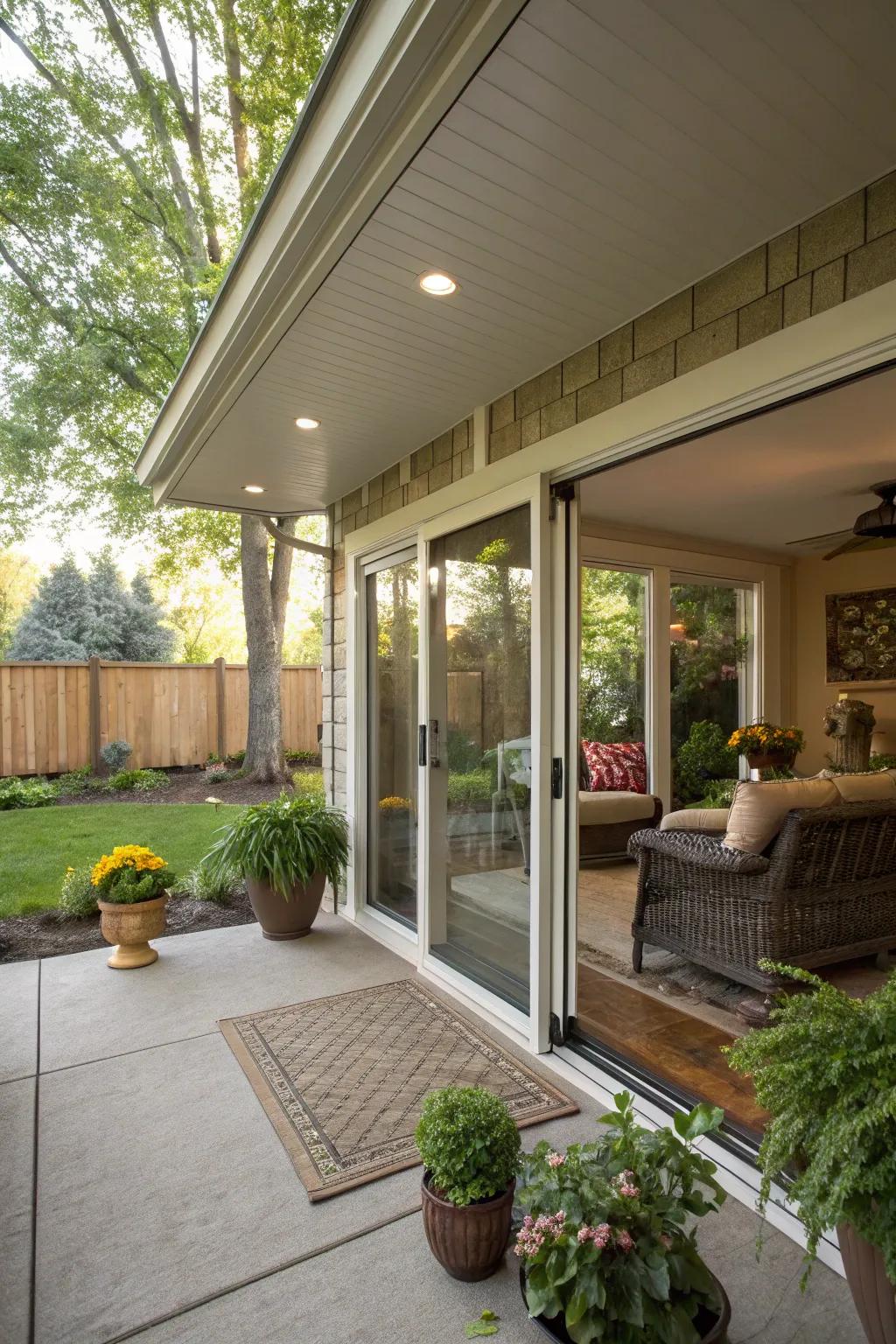 Fluid indoor-outdoor transition enhances the porch's usability.