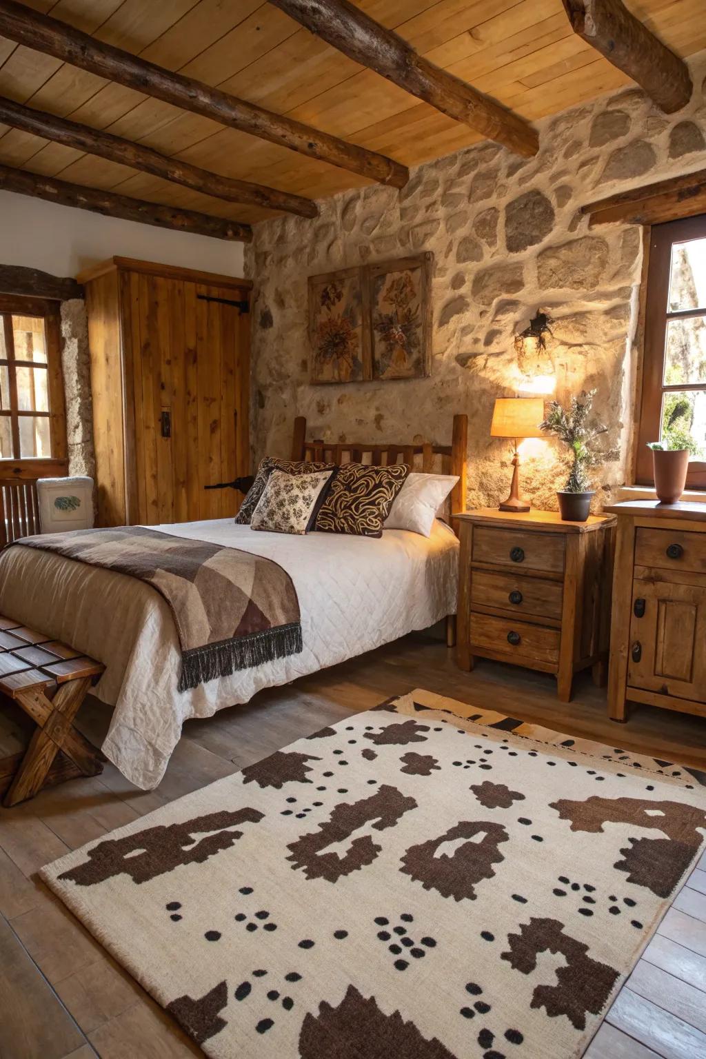 Farm animal pattern and natural materials create a warm, rustic charm.
