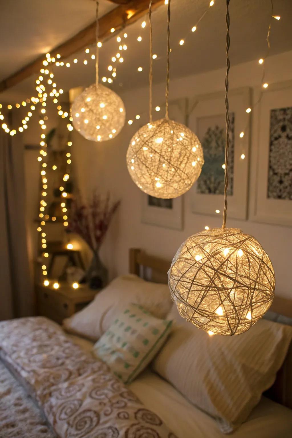 Hanging orbs made from twinkle lights inside a bedroom.