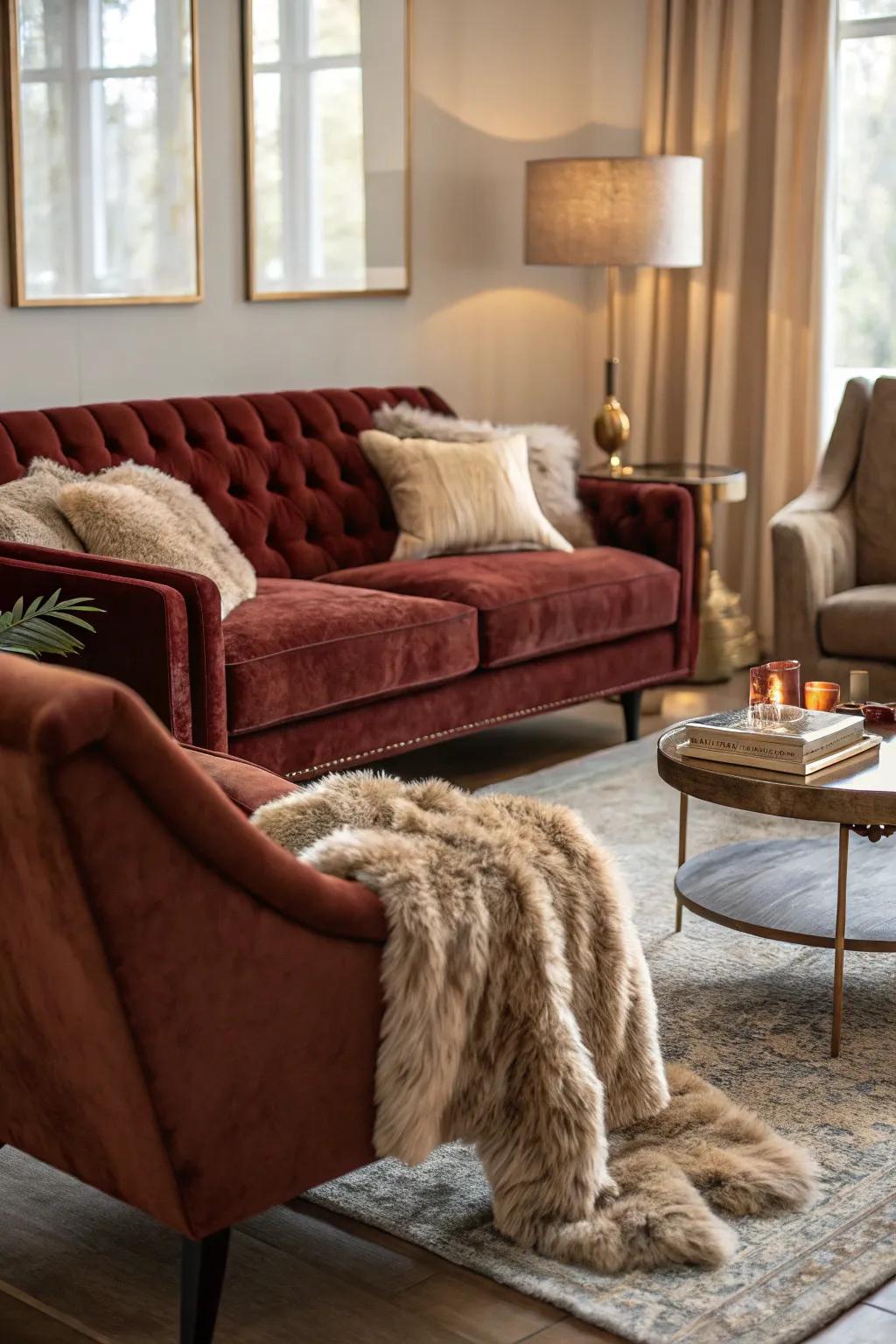 Unexpected textures like velvet and faux fur add luxury and coziness.