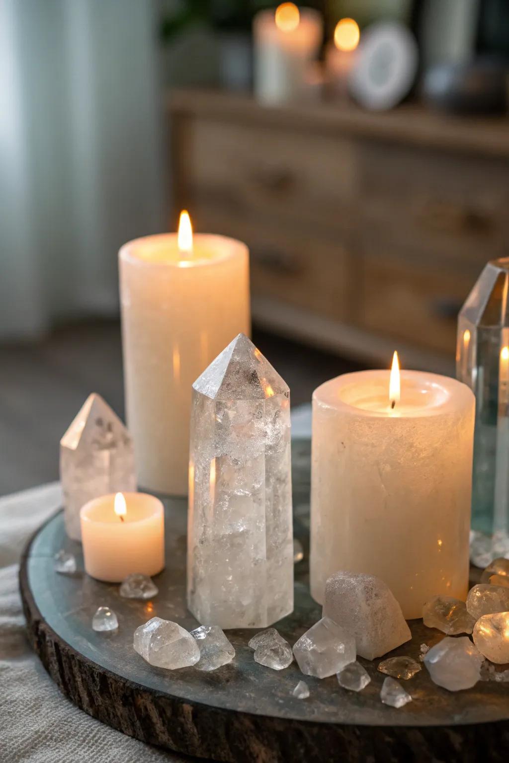 Clear quartz crystals enhancing candlelight.