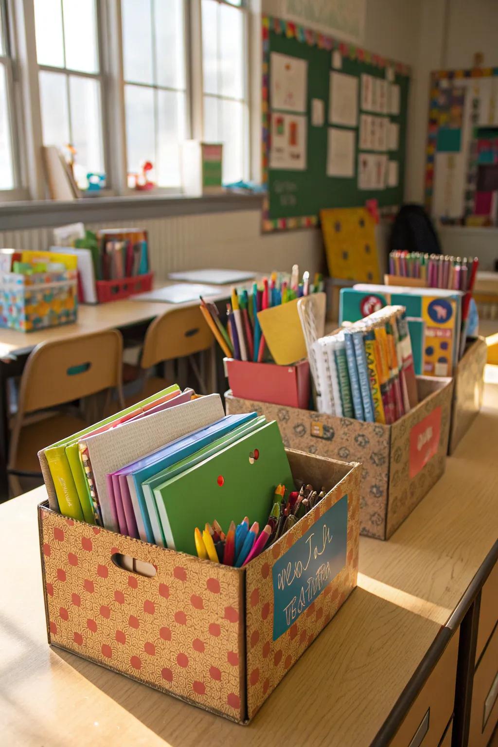 Upcycled cardboard boxes offer creative storage solutions.
