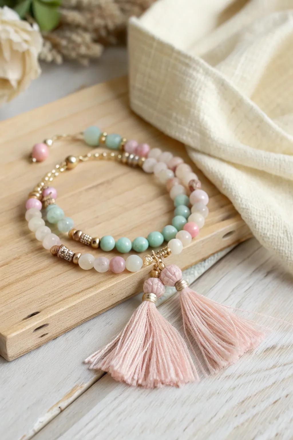 Add a playful touch to your style with a tassel-accented bead bracelet.