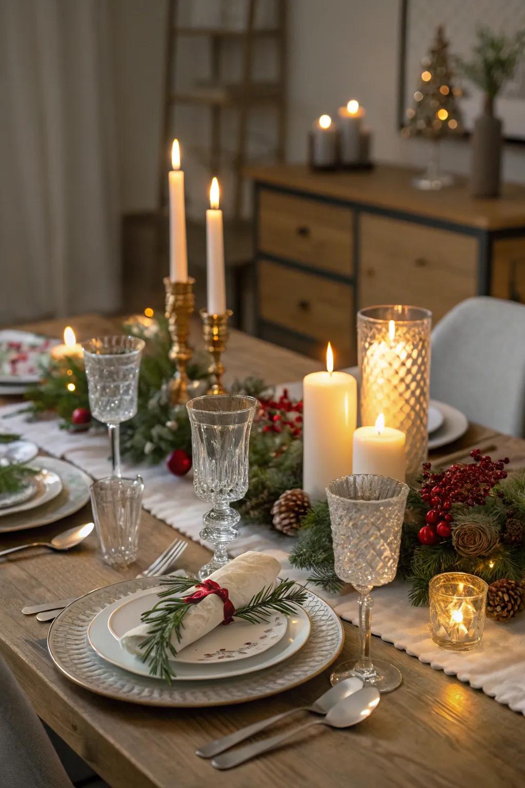 A lighted evening meal setting adds warmth and romance to the holidays.