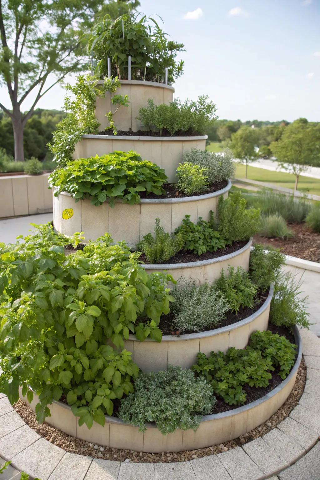 An herb spiral maximizes space and accessibility within your garden.