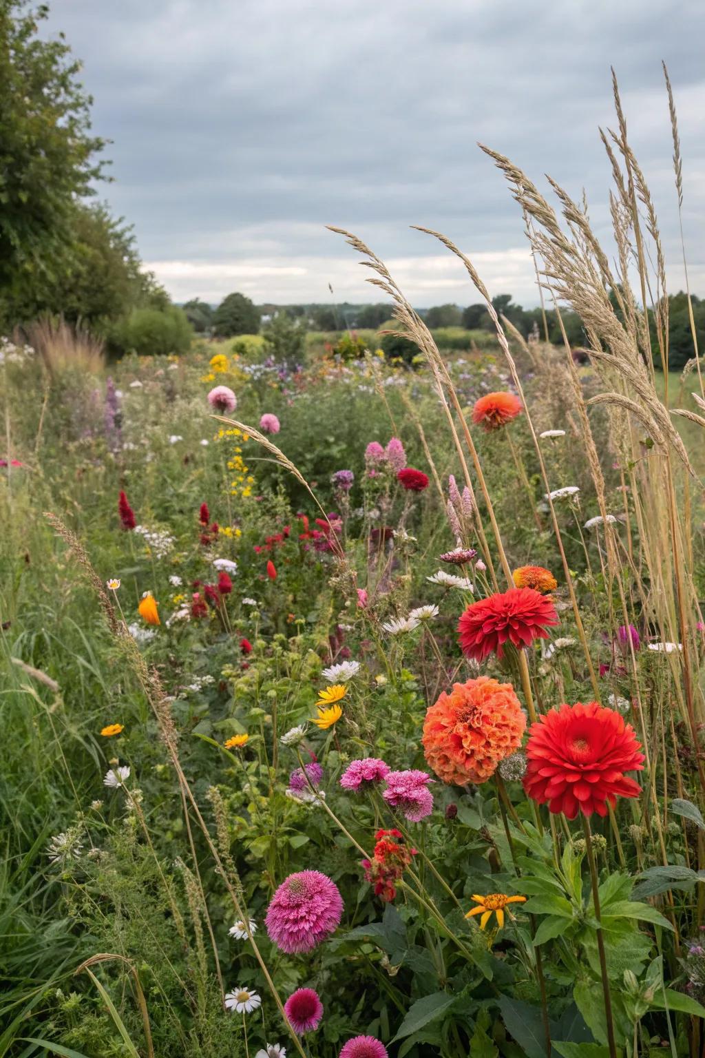A wildflower meadow featuring dahlias.