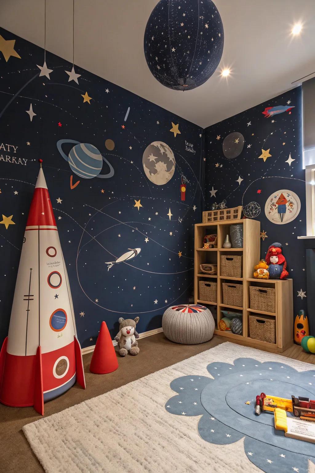 Celestial deep blue wall coverings inspire cosmic adventures.