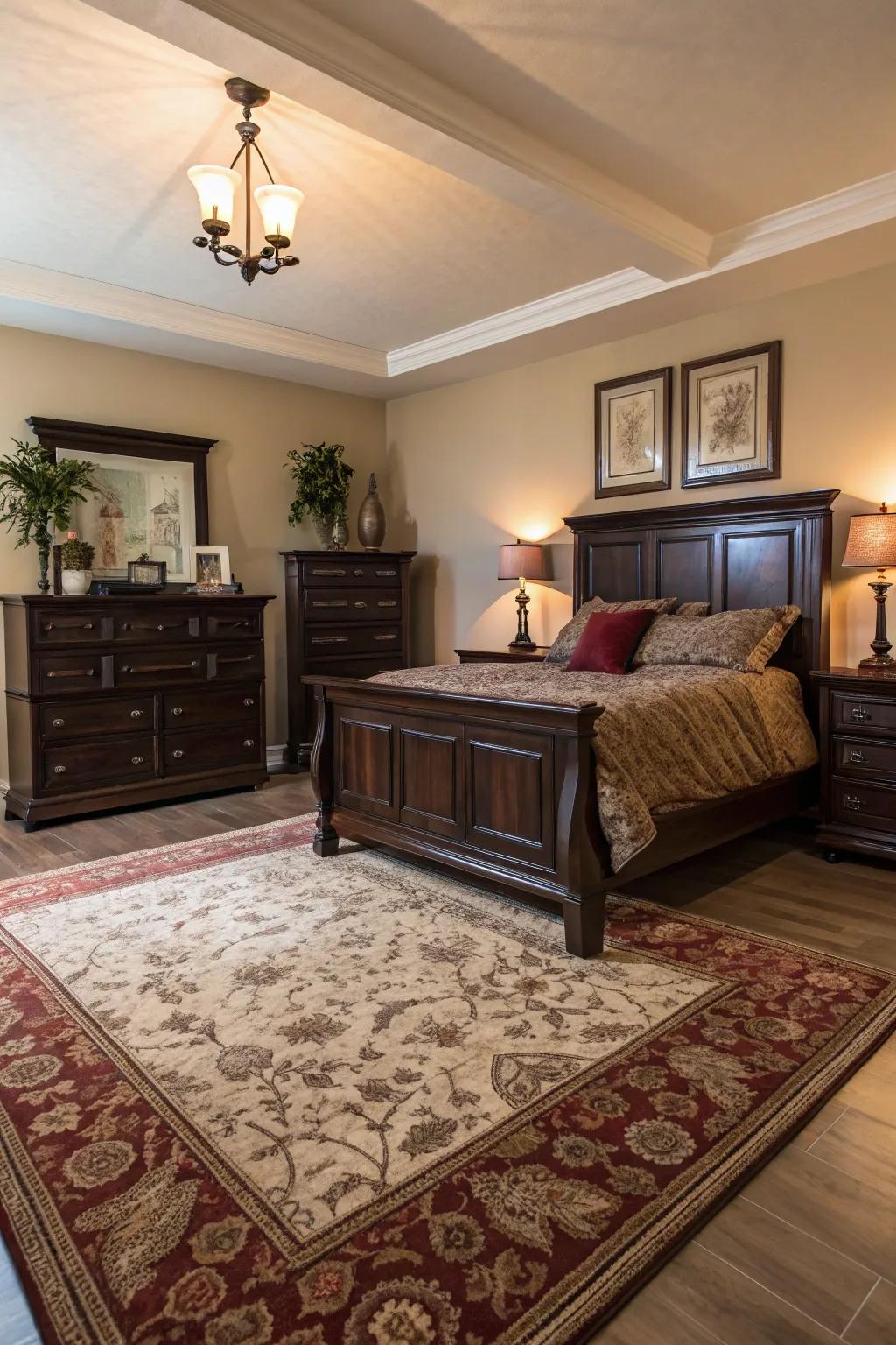 Unique rugs enhance the cohesiveness and luxury of the setting.