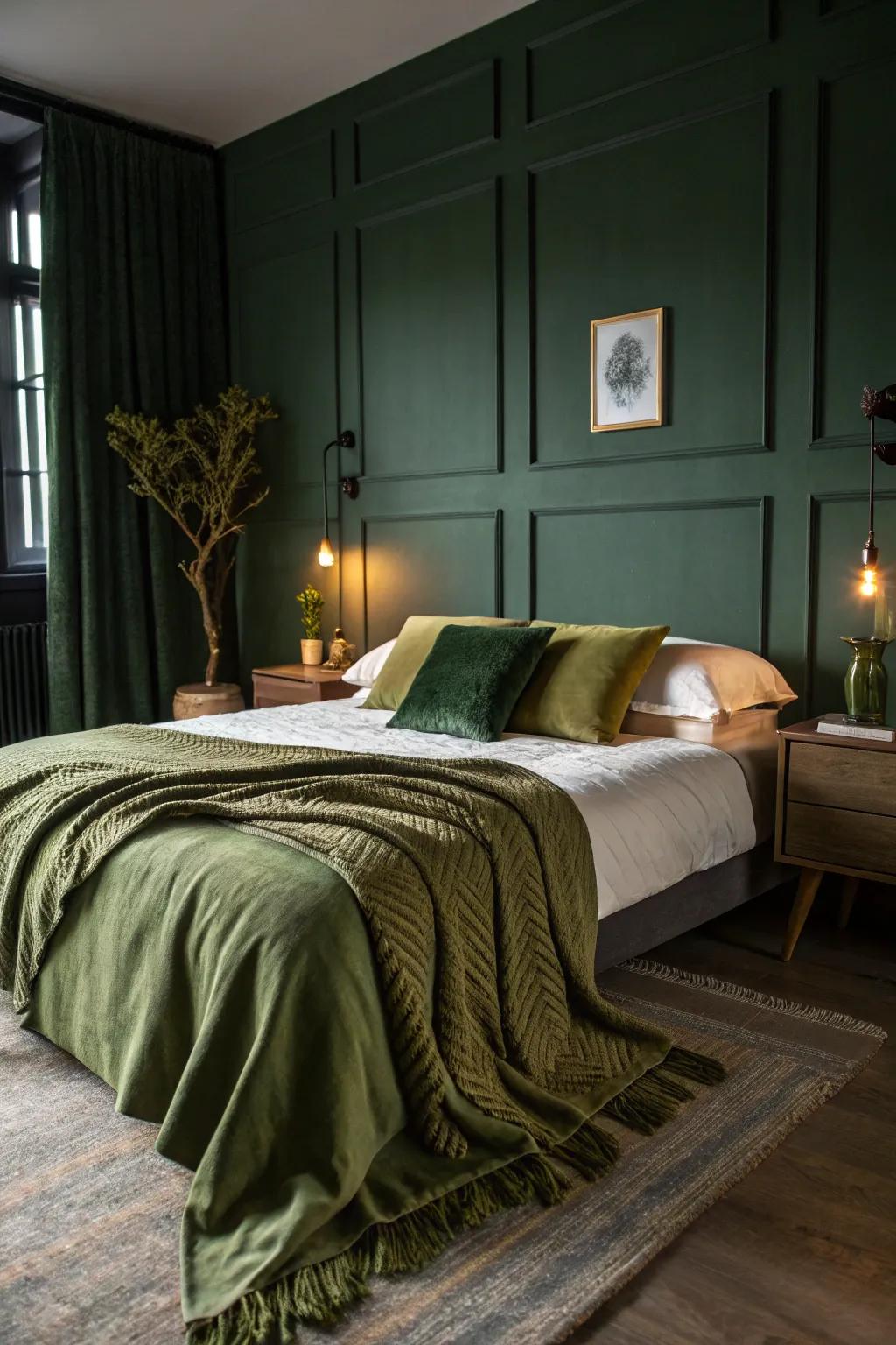 A dark green bedroom featuring a sea green blanket adding warmth and style.